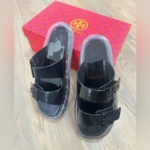 Tory Burch Buckle Bubble Jelly Black Slides with Clear Soles
